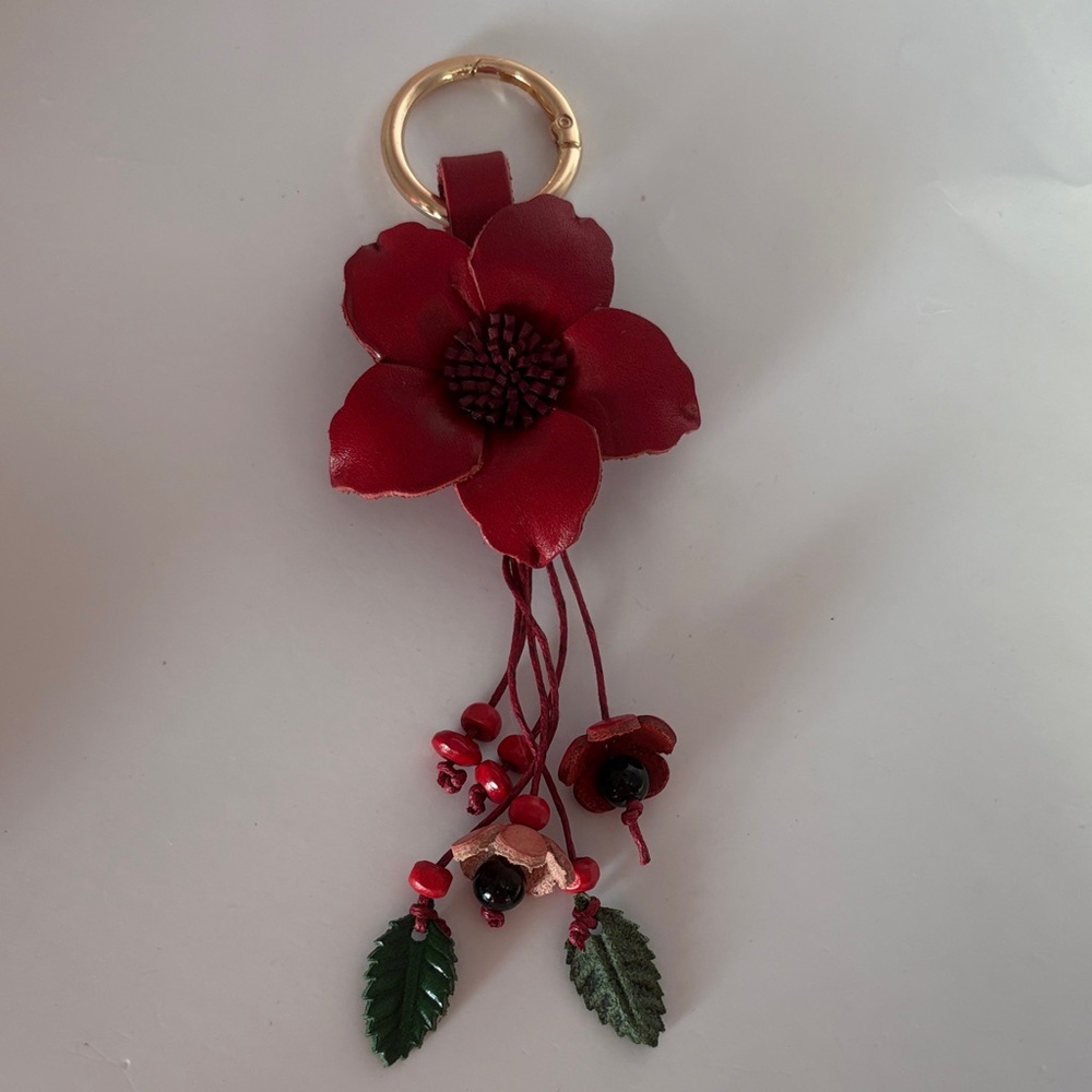 Red Floral Keychain with Gold Ring